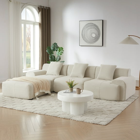 113" Modular Sectional Sofa for Living Room, High-Density Foam, Stain-Proof Corduroy, No Assembly Required, Beige