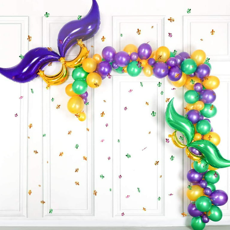 113 Pcs Mardi Gras Decorations Set Fat Tuesday, Tail Moon Balloons, Paper Confetti, Purple Green and Gold Balloon Garland Arch Kit for Birthday