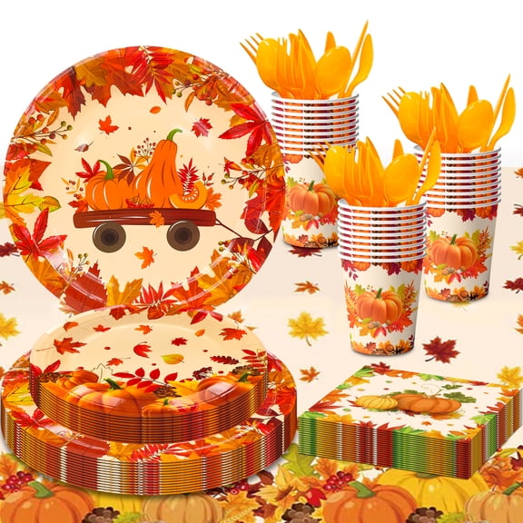 113 Pcs Thanksgiving Party Supplies Tableware Sets - Thanksgiving Decorations Plates Tablecloth Napkins Cups for Friendsgiving Decorations & Fall Party Decorations,Serves 16
