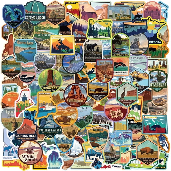 113 Piece US 50 States and National Parks Waterproof Decal Pack Kit, Outdoor Travel Hiking Adventure Camp Decals for Kids Teens Adults, for Luggage, Water Bottles, Cell Pho (Map City Stickers)