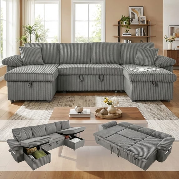 113" Sectional Couch with Storage Chaise, 4 Seater Sectional Sofa for Living Room, Corduroy Sleeper Sofa Bed with Pull Out Couch, Adjustable Backrest, Side Pocket & USB Charging Ports (Light Grey)