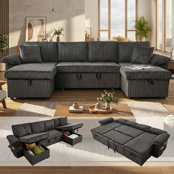 113" Sectional Couch with Storage Chaise, 4 Seater Sectional Sofa for Living Room, Corduroy Sleeper Sofa Bed with Pull Out Couch, Adjustable Backrest, Side Pocket & USB Charging Ports (Dark Grey)