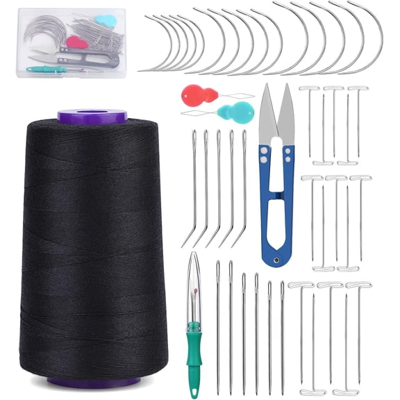 1130 Yards Needle and Thread for Hair Extensions, Hair Weave Sewing Threads with 41 Pieces C/T/J/I Needles for Hair Weaving, Upholstery Needles for Hand Sewing(Black)
