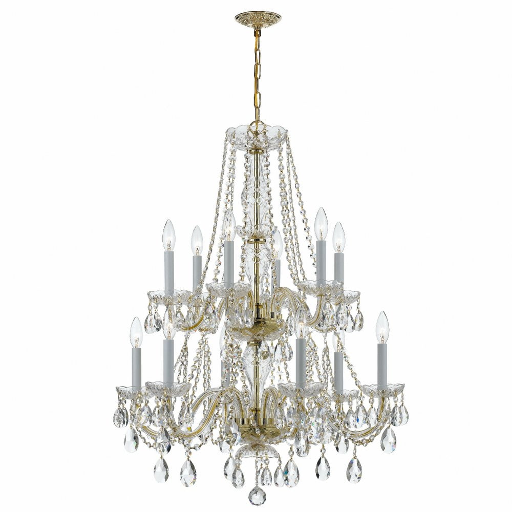 Polished Brass and Crystal 12-Light Candle Chandelier