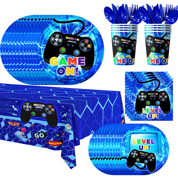 113Pcs Blue Gamer Birthday Party Supplies, Gaming Themed Tableware Set with Plates, Cups, Napkins and Tablecloth, All-in-one Video Game Decor, Serves 16 Guests