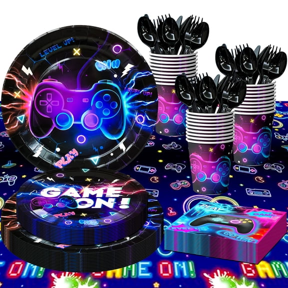 113Pcs Video Game Party Tableware Set, Game On Birthday Decor with Plates, Napkins, Cups and Tablecloth, Glowing Style Supplies for Game Birthday Party