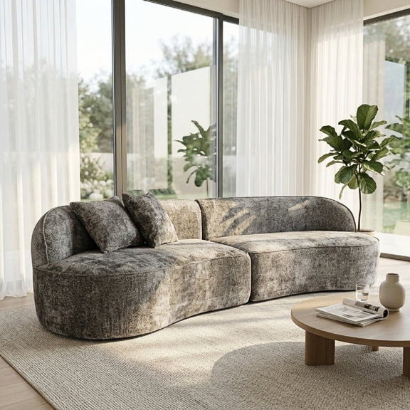 114.17" Curved Modular Sectional Sofa Couch with Pocketed Coil Support and 2 Pillows, Modern Compressed Sofa Couch with Chenille Deep Seat and High-Density Foam for Living Room, Apartment, Dark Gray