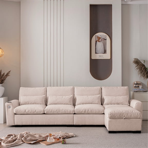 114.5" Chenille Material - Reversible Ottoman with Storage & USB Ports - For Living Room - Comfortable Seating and Convenient Charging