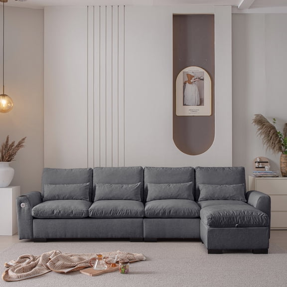 114.5" Sofa with 2 USB Ports and Reversible Ottoman / Cozy Living Room Seating with Washable Cushions