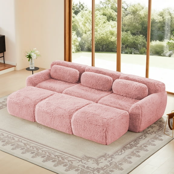 114.7”Boneless Cloud Couches, Soft Fluffy Plush Fabric, Modular Sectional Sofa Bed with 3 Ottoman, 3-Seater Pink Couches, Comfy Sofa for Living Room