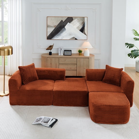 114" Cloud Sectional Couch with L-Shape Chaise, Modular Sofa with Movable Ottoman, Upholstered Couches for Living Room Bedroom, No Assembly Required (Orange)