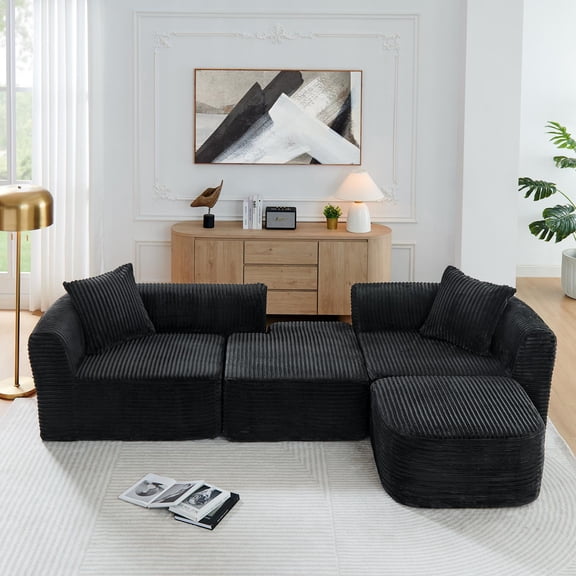 114" Cloud Sectional Sofa with L-Shape Chaise Lounge, Modular Design Includes a Movable Ottoman, Plush Corduroy Fabric, Arrives Fully Assembled for Instant Comfort, Black