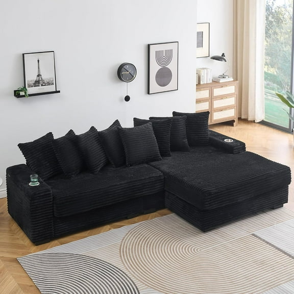 114" Corduroy Sofa with Cup Holders & Storage, L Shaped Sleeper Cloud Couch Set w/Reversible Chaise Lounge, Living Room Oversized Upholstered SofaBed for Apartment, Easy Assembly, Black