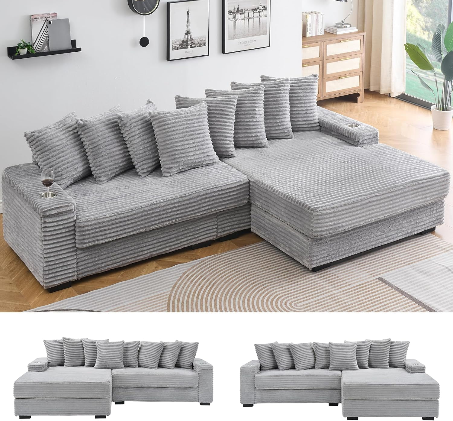 114" Corduroy Sofa with Cup Holders & Storage, L Shaped Sleeper Cloud ...