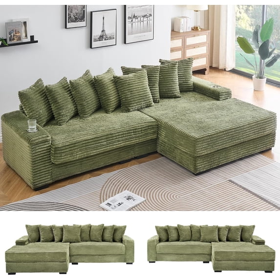 114" Corduroy Sofa with Cup Holders & Storage, L Shaped Sleeper Cloud Couch Set w/Reversible Chaise Lounge, Living Room Oversized Upholstered SofaBed for Apartment, Easy Assembly, Green