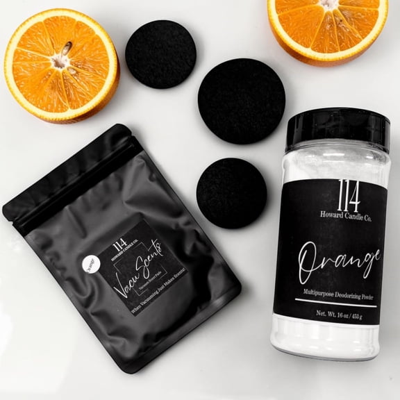114 Howard Candle Co Carpet Deodorizer Powder + Vacuum Scent Pads Bundle, Orange Citrus, Pet Odor Eliminator