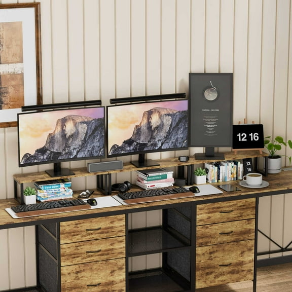 114 Inch L-Shaped Desk with Power Outlets & USB-C Industrial Computer Desk with 6 Fabric Drawers 3 Open Shelves & Movable Monitor Stands Large Corner Office Desk for Gaming Rustic Brown