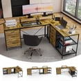 thumbnail image 1 of 114" L-Shaped Desk with Power Outlets and 6 Fabric Drawers, Industrial Computer Desk with 3 Open Shelves and Movable Monitor Stands, Large Corner Office Desk for Gaming, Rustic Brown, 1 of 7