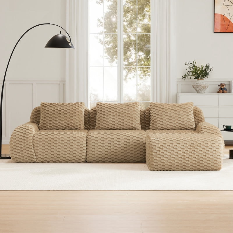 114" Modern L-Shaped Modular Sectional Sofa for Living Room,Flannelette Fabric,Oversized 3-Seater Couch,boneless sofa ,Movable Ottoman,Buckle connection,Anti-slip Design,No Assembly,Light Camel