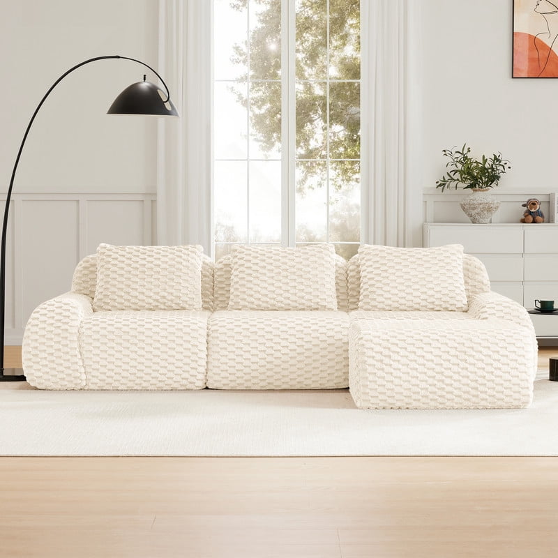 114" Modern L-Shaped Modular Sectional Sofa for Living Room,Flannelette Fabric,Oversized 3-Seater Couch,boneless sofa ,Movable Ottoman,Buckle connection,Anti-slip Design,No Assembly,White