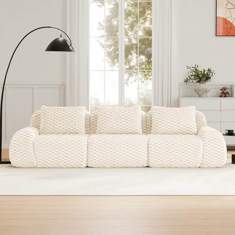 114" Modern Modular Sectional Sofa for Living Room,Flannelette Fabric,Oversized 3-Seater Couch,boneless sofa,Deep Seat,Buckle connection,Anti-slip Design,No Assembly,White