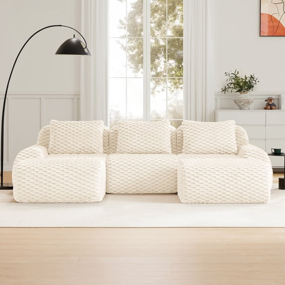 114" Modern U-Shaped Modular Sectional Sofa for Living Room,Flannelette Fabric,Oversized 3-Seater Couch,Deep Seat,Boneless sofa ,Movable Ottoman,Buckle connection,Anti-slip Design,No Assembly,Cream