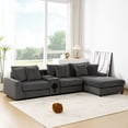 thumbnail image 1 of 114" Modular Sectional Sofa with Bluetooth Speakers, Console Table & Ottoman , Upholstered Corduroy L Shaped Couch with USB Charger and Cup Holders for Living Room, 330LBS/Seat, Dark Gray, 1 of 8