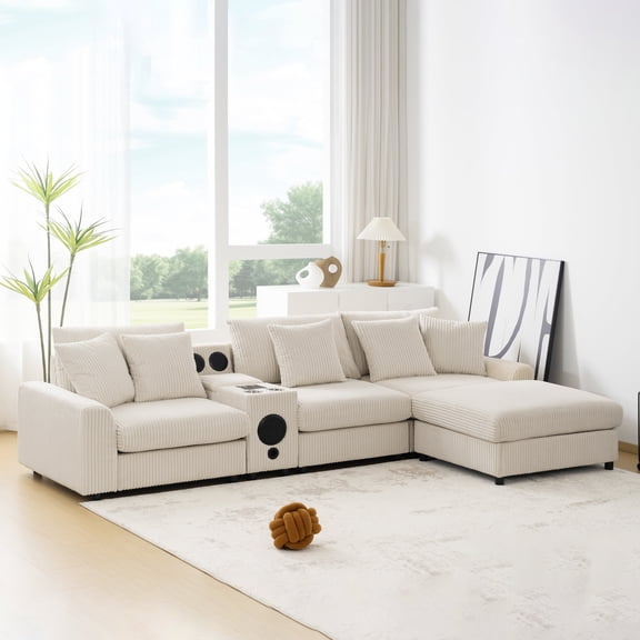 114" Modular Sectional Sofa with with Bluetooth Speakers, L-Shaped 4-Seat Corduroy Deep Seat Cloud Couch with Multi-Function Console, Cup Holder, USB Charger for Living Room and Apartment, Beige