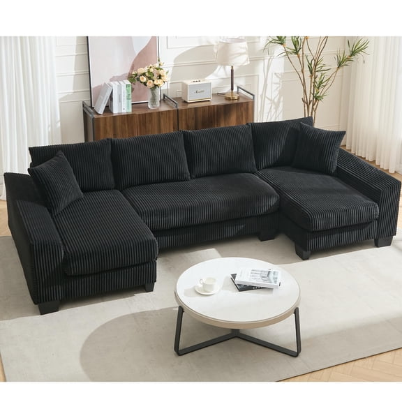 114" Modular Sectional Sofa Couch Bed, Corduroy Convertible U Shaped Couch, Comfy 4 Seat Sleeper Sofa with Double Chaise for Living Room, Black