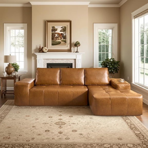 114" Modular Sectional Sofa Couch with Right Chaise, L Shaped Faux Leather Cloud Sectional Sofa Couches with Deep Seat for Living Room, Office, Apartment, No Assembly Required, Brown