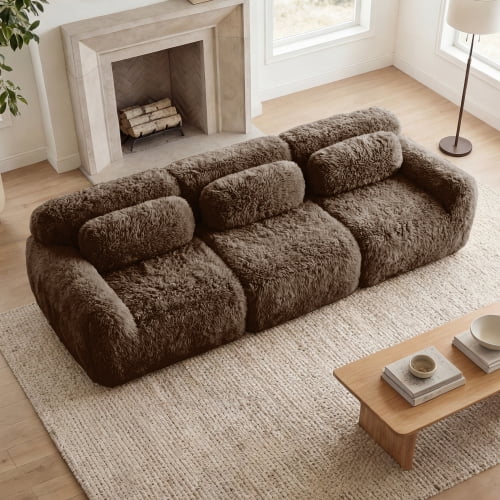 114" Modular Sectional Sofa with Plush Fabric, Soft Fluffy Couch with Throw Pillows, Ergonomic Design, Full-Compression Vacuum Packaging, Buckle Connection for Living Room, Home Theater, Chocolate