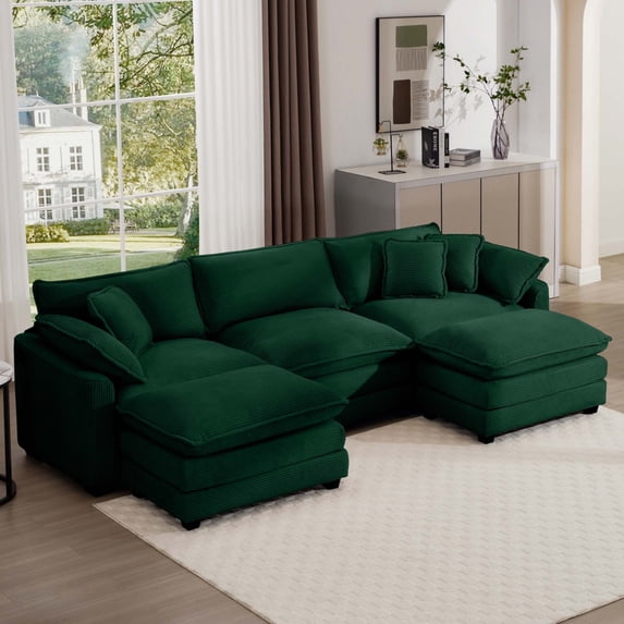 114'' Oversized Modular Cushion Sofa with Portable Ottoman, L-Shaped Corner Spacious Sectional Sofa Set, 25'' Deep Seating, for Home Apartment Living Room, Green