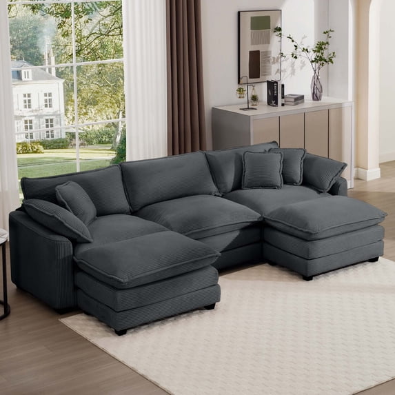 114'' Oversized Modular Cushion Sofa with Portable Ottoman, L-Shaped Corner Spacious Sectional Sofa Set, 25'' Deep Seating, for Home Apartment Living Room, Grey