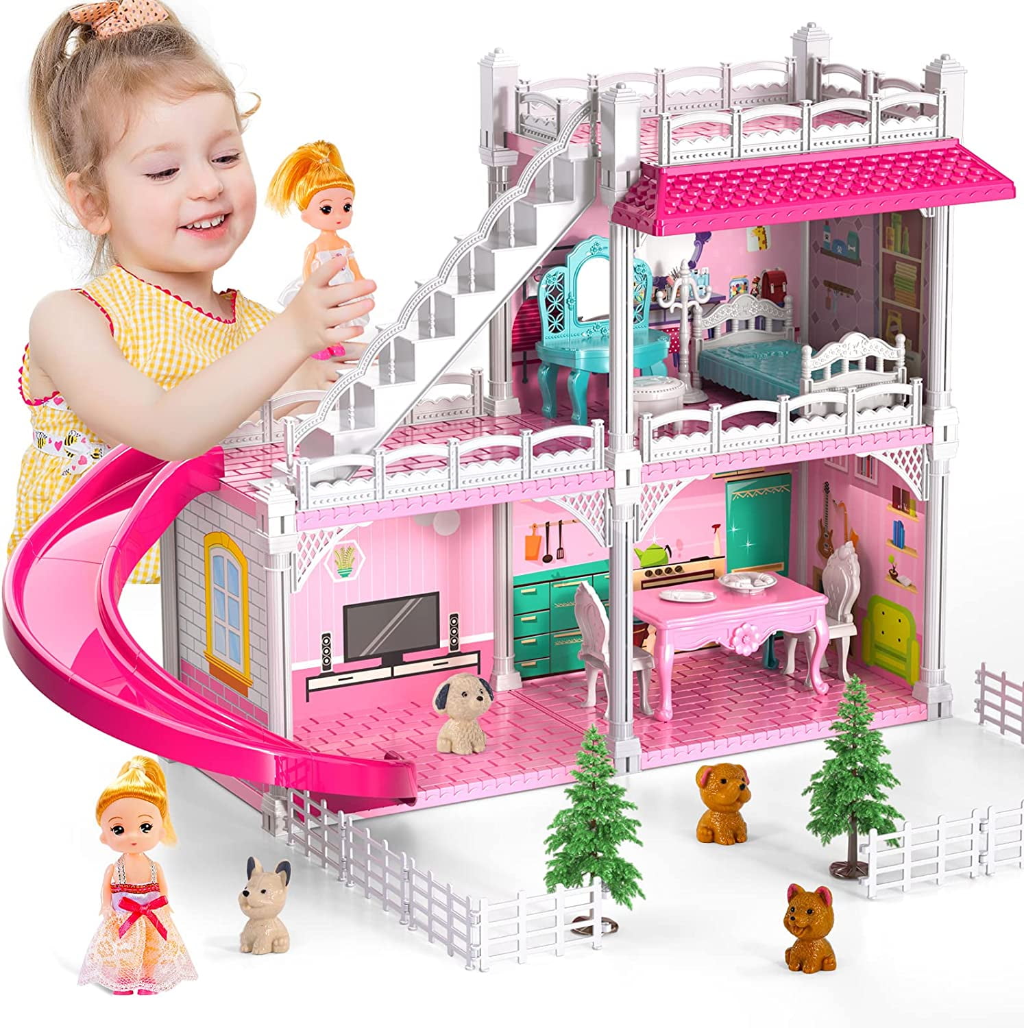 Doll House, Dream Doll House Furniture Pink Girl Toys, 3 Stories 7 Rooms  Dollhouse with 2 Princesses Slide Accessories, Toddler Playhouse Gift for  for