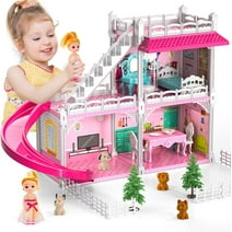 114 Pcs Doll House, DIY Dollhouse Kit Pink Girl Toys, 2 Stories 3 Rooms Educational Toys for Girls Dollhouse Toddler Playhouse Gift(16" x 12" x 4")