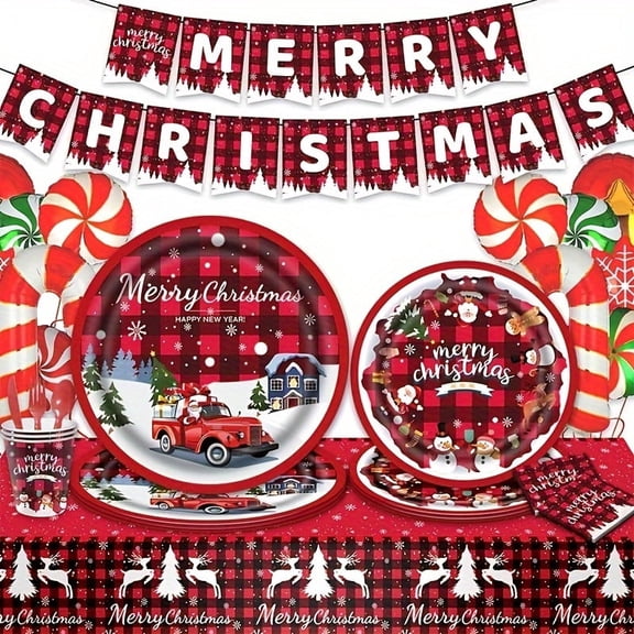 114 Pcs Merry Christmas Decorations Party Supplies with Plates Paper Cups Table Cloths Napkins Tableware Pack Banner for Theme Party Plates Supplies Decorations
