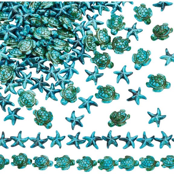 about 114 Pcs Turquoise Turtle Beads 2 Styles Light Sea Green Synthetic Turquoise Starfish Beads Strands Fuel Injection Effect Sea Animal Beads for Bracelet Jewelry Making