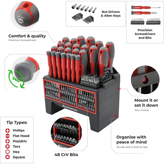 114-Piece Screwdriver Set with Mountable Rack, Magnetic Tips, Swivel-End Precision Screwdrivers, Bits, Nut Drivers, Hex Keys, DIY, Tool Gift VT08-3372