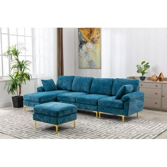 114" Sectional Sofa Couch with Ottoman, U Shape Futon Sleeper Sofa with Extra Wide Double Chaise, 2 Pillows & Golden Metal Legs, Modular Sofa Accent Sofa for Living Room