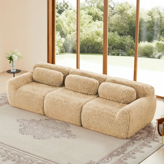 114''Soft And Fluffy Plush Fabric,Modular Sectional Sofa Couches,Ergonomic Design With Ottoman And Throw Pillows,Full-compression Vacuum Packaging Buckle Connection,For Home Theater,Light Khaki