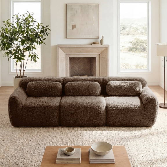 114''Soft And Fluffy Plush Fabric,Modular Sectional Sofa Couches,Ergonomic Design With Throw Pillows,Full-compression Vacuum Packaging Buckle Connection For Study,Home Theater,Chocolat