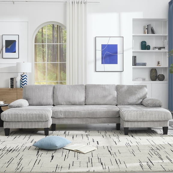 114" U-Shaped Oversized Velvet Sectional Sofa, Modular 4-Seat Couch with Double Chaise Lounge, Soft Upholstered Seating for Living Room or Apartment, Easy to Assemble, Light Gray