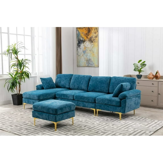 114" U-Shaped Sofa, Living Room Sofa, Accent Sofa Couches with Movable Soft Ottoman, Sectional Sofa Couch Set with 2 Pillows and Golden Metal Legs, Modern Large Sofa Couch, Furniture Set, Teal Blue