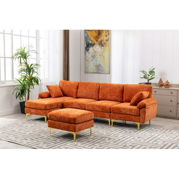 114" U-Shaped Sofa, Living Room Sofa, Accent Sofa Couches with Movable Soft Ottoman, Sectional Sofa Couch Set with 2 Pillows and Golden Metal Legs, Modern Large Sofa Couch, Furniture Set, Orange