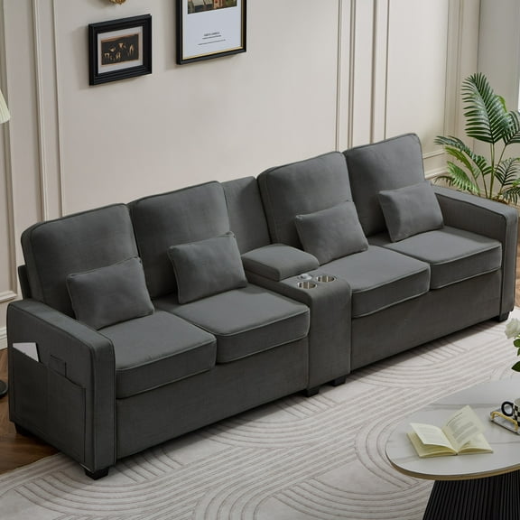 114" Upholstered Sofa with Console, 2 Cupholders and 3 Usb Ports Wired, Modern Linen Fabric Couches with 4 Pillows for Living Room, Apartment (4-Seat) (Gray)
