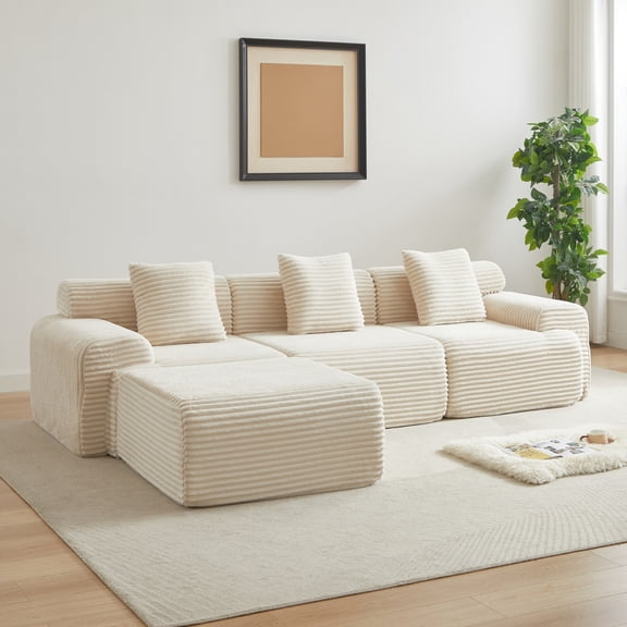 114-inch Corduroy Modular Sofa Boneless couch, Featuring an Inlaid Structural Design, three throw pillows, Wider backrest design and Four Freely Configurable Modules
