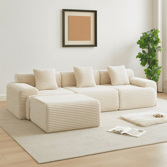 114-inch Corduroy Modular Sofa Boneless couch, Featuring an Inlaid Structural Design, three throw pillows, Wider backrest design and Four Freely Configurable Modules.