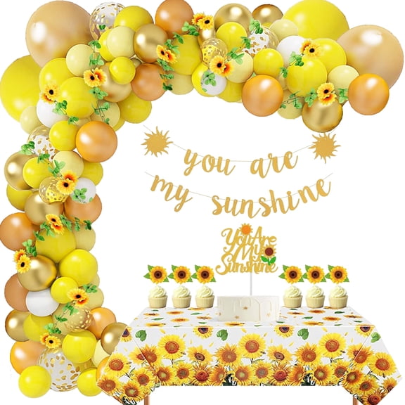 114 pcs Sunflower Balloon Garland Arch Kit With You Are My Sunshine Banner Cake Topper and Cupcake Topper For Baby Shower, Birthday Party Decoration Supplies