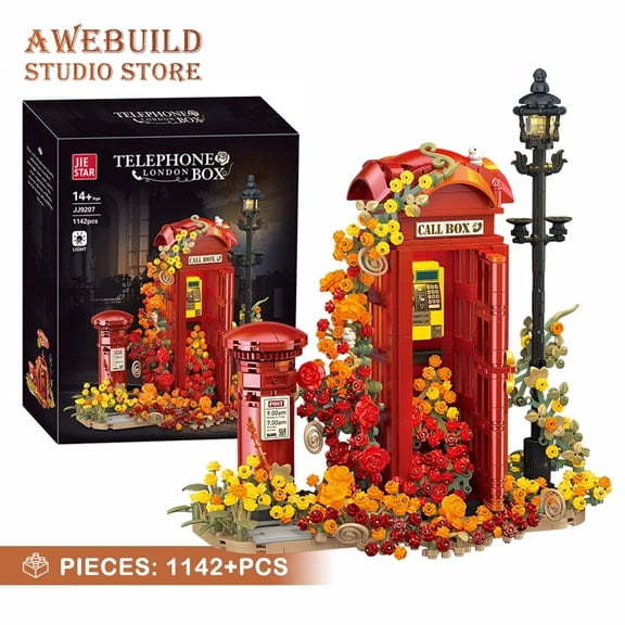 1142Pcs Retro Telephone Booth Building Blocks 3D Model City Street View Flower Phone House Bricks Puzzle Toys Birthday Gifts