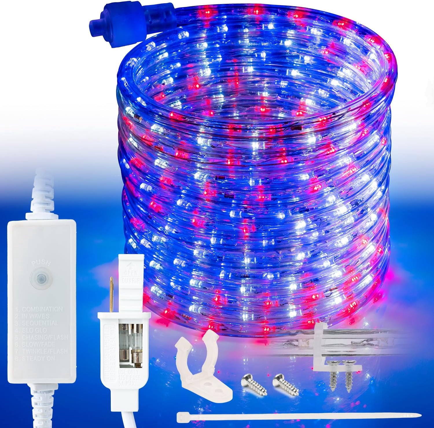 1143LEDs, 150ft USA American Red White Blue, Outside LED Rope Light, 8 ...